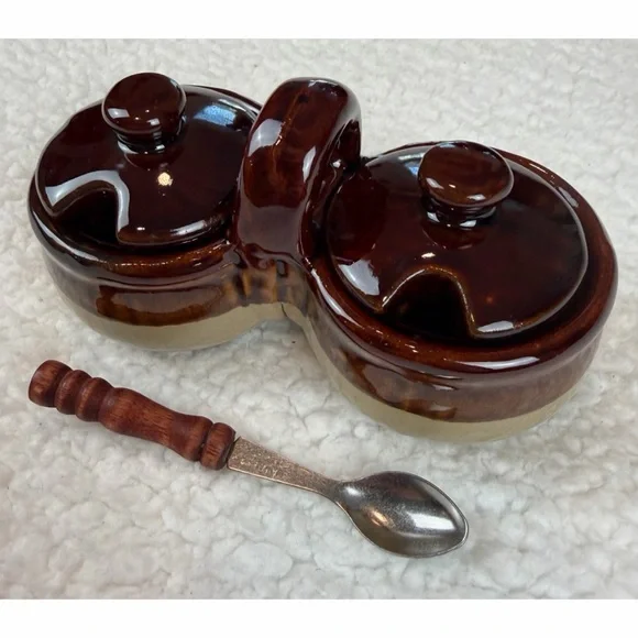 (VTG) Brown/Tan Ceramic Double Condiment Caddy Dish with Spoon - Picture 2 of 14